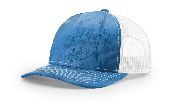 Richardson 112PFP | Printed Five Panel Trucker Hat | Realtree: Realtree Fishing Light Blue/White - Image 2